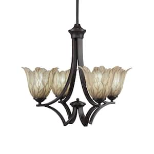 Clevelend 4-Light Dark Granite Round Chandelier with 7 in. Vanilla Leaf Glass Shades, No bulbs included