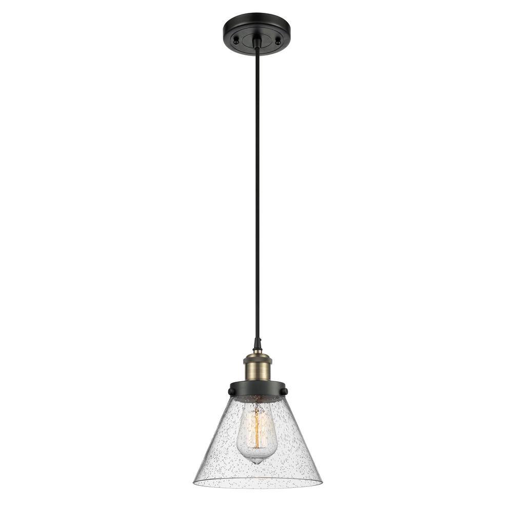 Cone 1-Light Black Antique Brass Shaded Pendant Light with Seedy Glass Shade price history on PriceWatchPro