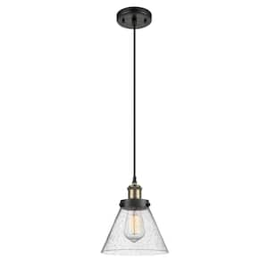 Cone 1-Light Black Antique Brass Shaded Pendant Light with Seedy Glass Shade