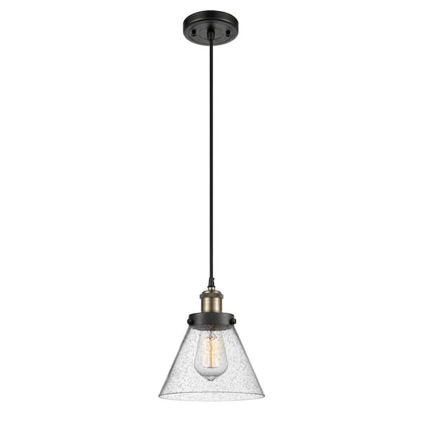 Innovations Cone 1-Light Black Antique Brass Shaded Pendant Light with Seedy Glass Shade