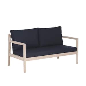 Tryton Natural Brown Wood Outdoor Loveseat Sofa with Olefin Midnight Navy Blue Cushion