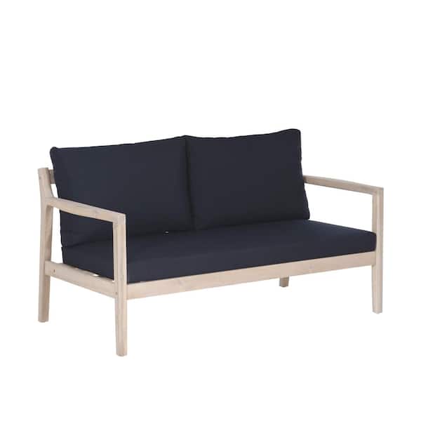 Linon Home Decor Tryton Natural Brown Wood Outdoor Loveseat Sofa with Olefin Midnight Navy Blue Cushion