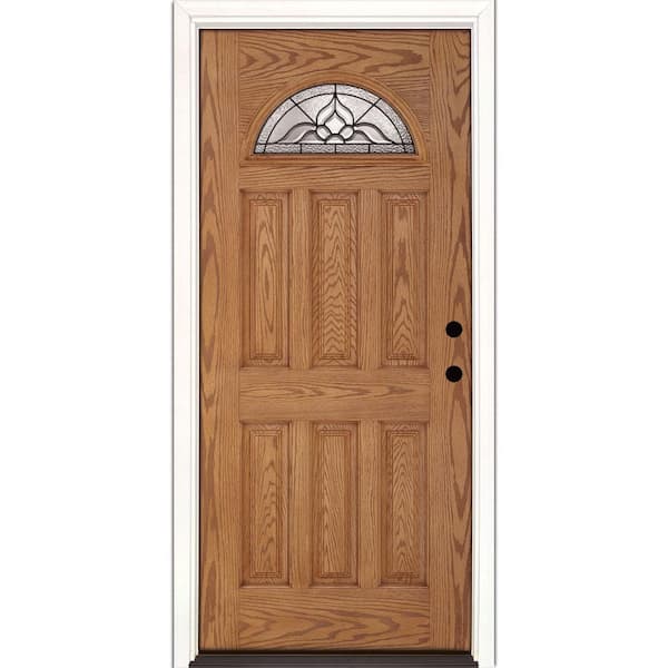 Feather River Doors 37.5 in. x 81.625 in. Lakewood Patina Fan Lite Stained Light Oak Left-Hand Inswing Fiberglass Prehung Front Door