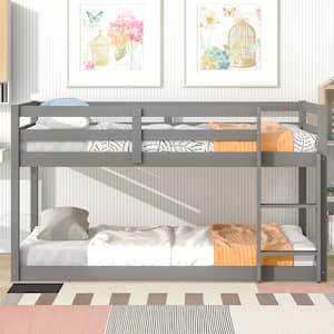 Twin Over Twin Floor Bunk Bed with Safety Guardrail and Climbing Ladder, Wood bunk bed Frame for Kids, Gray