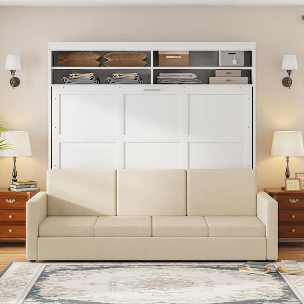 White Wood Frame Queen Size Murphy Bed with Sofa