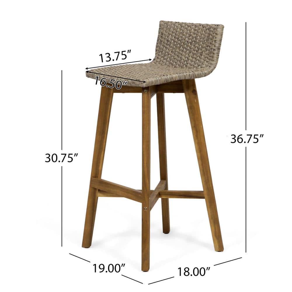 Light Brown Acacia Wood and Wicker Outdoor Barstools, Set of 2