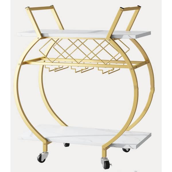 MOEPISY Gold Bar Carts 2 Tiers Rolling Outdoor Serving Cart with Wine Rack and Wheels Tables Serving Bars