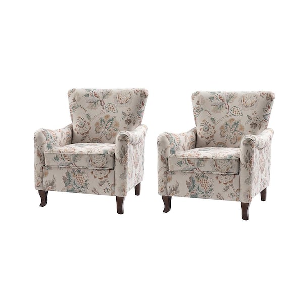 JAYDEN CREATION Vincent Jeacobean Floral Fabric Pattern Wingback Armchair with Solid Wood Legs (Set of 2)