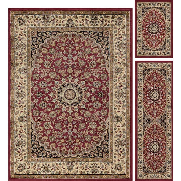 Tayse Rugs Elegance Oriental Red 5 ft. x 7 ft. Indoor 3-Piece Rug Set