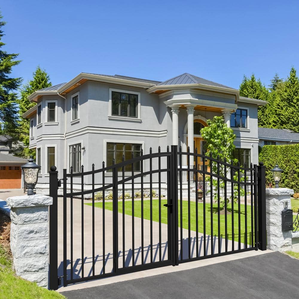 Vienna Style Black Steel Dual Swing Driveway Gate with Pedestrian Door