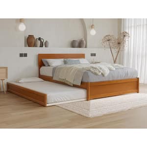Wesley Light Toffee Natural Bronze Solid Wood Frame Full Platform Bed with Panel Footboard and Twin Trundle
