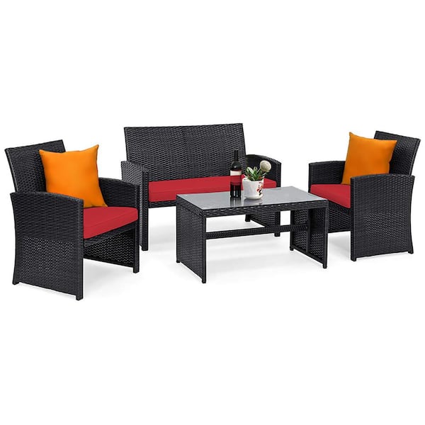 Costway 4-Pieces Wicker Furniture Patio Conversation Set Red Cushion Sofa Table Garden