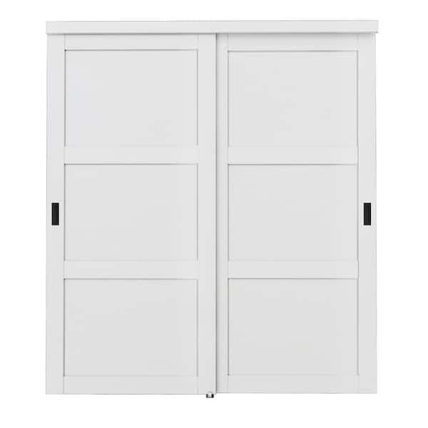 72 in. x 80 in. Paneled 3-Lite Blank Pattern White Primed MDF Sliding Door with Hardware and Black Handles