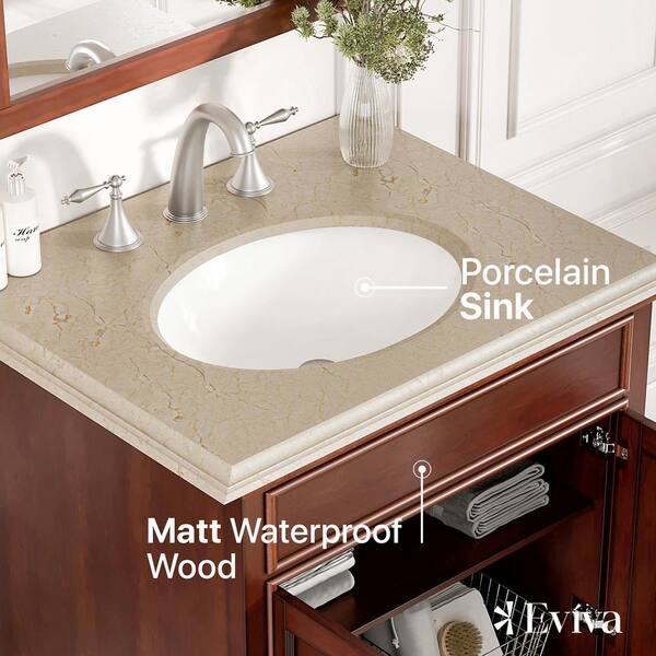 Eviva Elite Princeton 30 in. W x 23.5 in. D x 33.7 in. H Single-Sink Freestanding Bath Vanity in Teak with Cream Marble Top