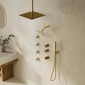 Multifunction Dual Shower System 12 in. 5-Spray Square High Pressure with Hand Shower in Brushed Gold (Valve Included)