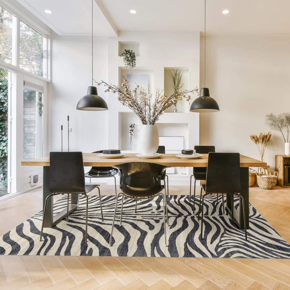 Black and White Zebra Print Washable 5' x 7' Synthetic Area Rug