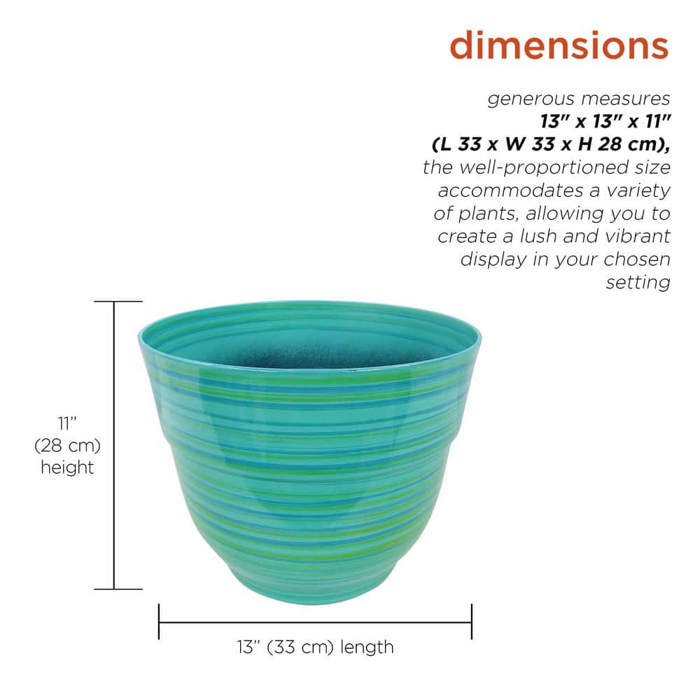 Turquoise and Green Striped Polypropylene Indoor Outdoor Planter, 13"
