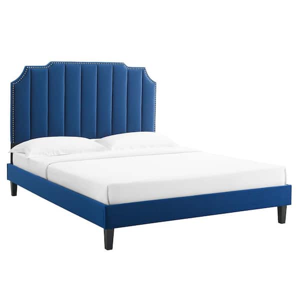 MODWAY Colette in Blue Navy Performance Velvet Frame Queen Platform Bed