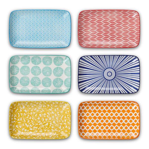 8 Inch Rectangular Ceramic Salad and Dessert Plates Set of 6 in Assorted Colors for Appetizers and Snacks