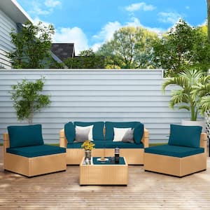 5-Piece Wicker Patio Conversation Seating Set with Lake Blue Cushions
