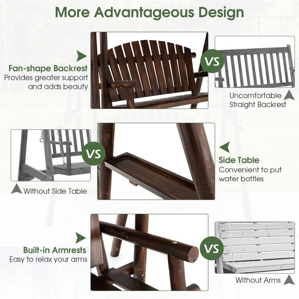 Natural Brown Fir Wood 2-Person Porch Swing with Adjustable Canopy