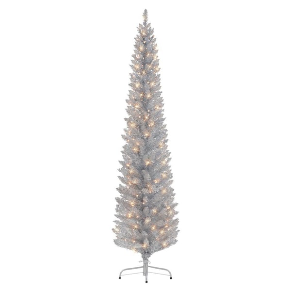 Puleo International 7 ft. Prelit Silver Tinsel Artificial Christmas Tree