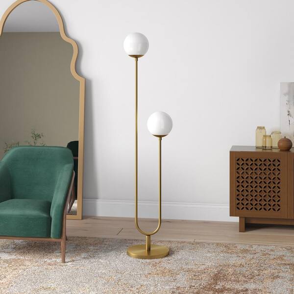 Meyer&Cross Dufrene 2-Light Brass/White Milk Floor Lamp with Glass