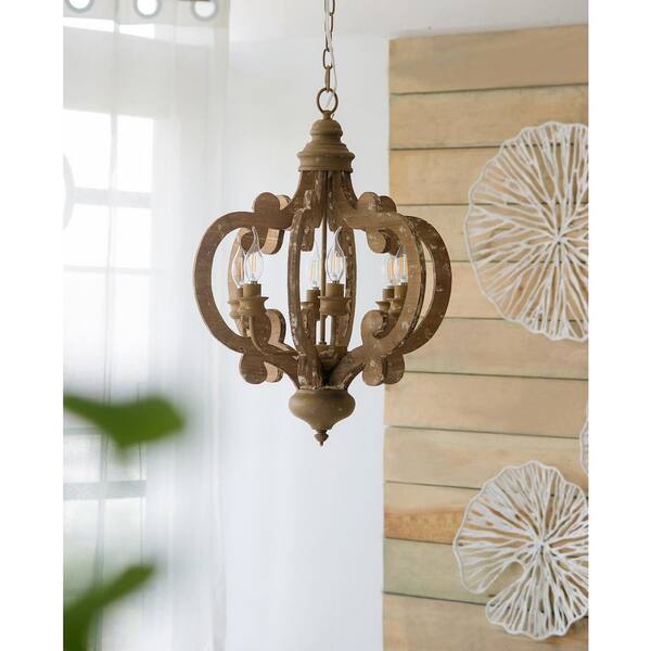 CottaIron 6-Light Distressed Brown Pendant with Adjustable Chain Wood Chandelier for Hallway, with No Bulbs Included