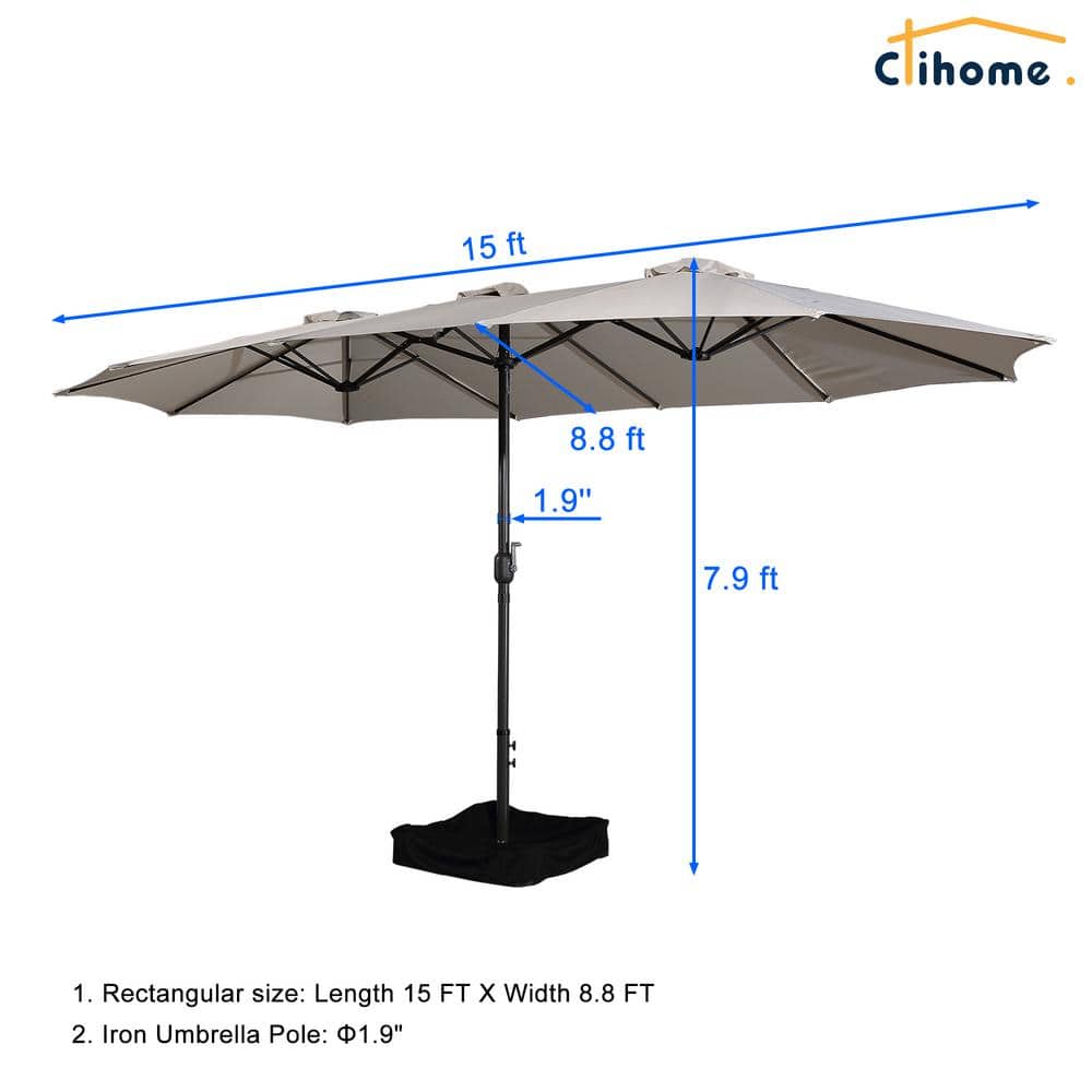 Beige 15 Ft Steel Market Umbrella with Crank Lift and Stand