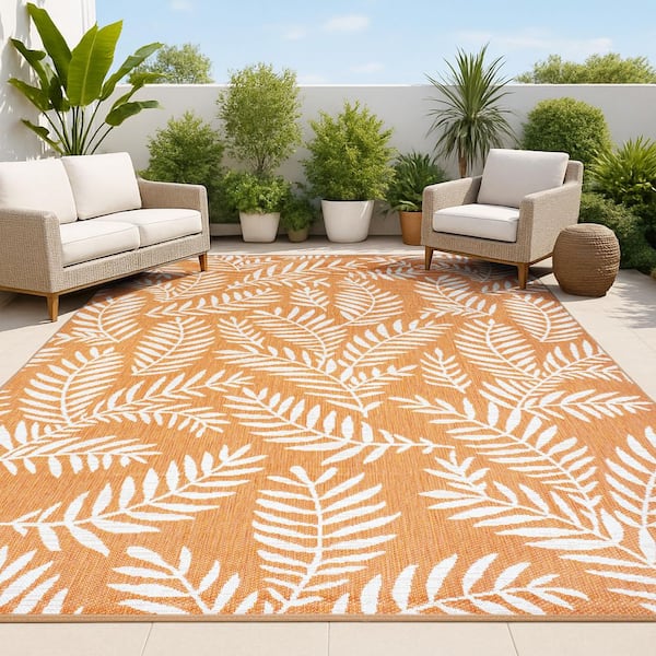 Nevis Palm Frond Orange/Cream 9 ft. x 12 ft. Indoor/Outdoor Area Rug