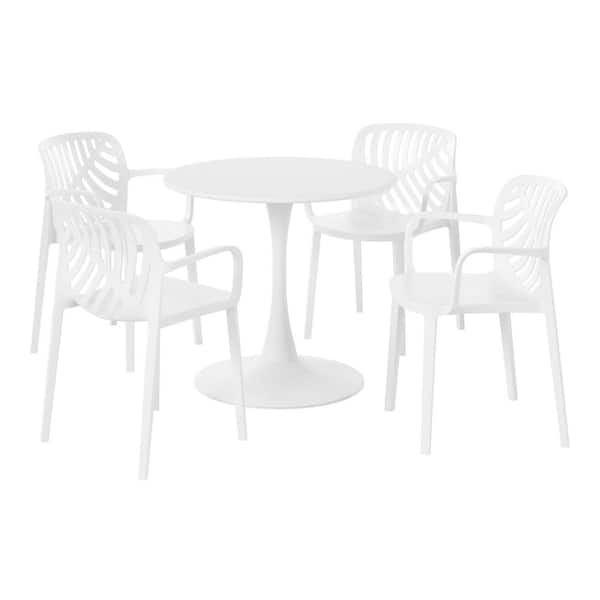 Frond and Form Outdoor Patio Modern 5-Piece Round HDPE Plastic Dining Table Set with Stackable Chairs, White