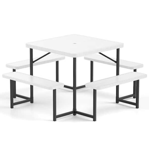 Costway 1-Piece Plastic Outdoor Dining Set Picnic Table Bench Set for 4-8 People with Umbrella Hole All-Weather White