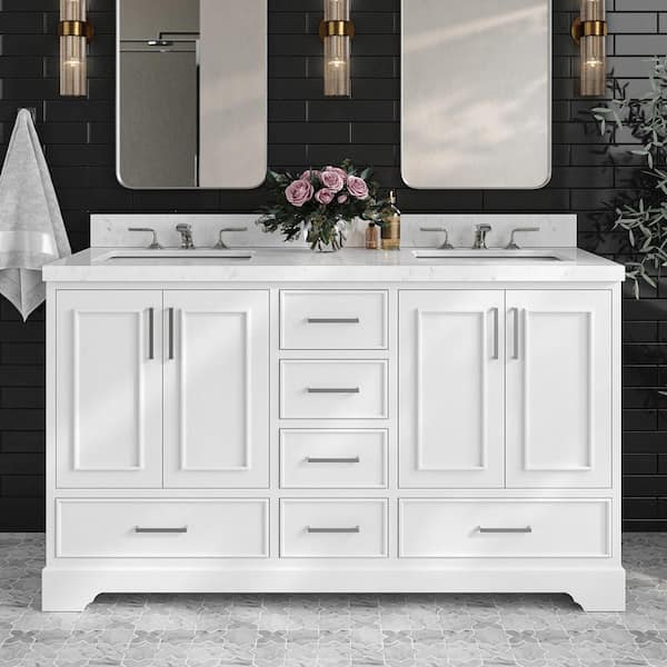 ARIEL Stafford 60 in. W x 22 in. D x 36 in. H Double Sink Freestanding Bath Vanity in White with Carrara White Quartz Top