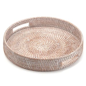 14 in. Dia. Round White Rattan Woven Serving Tray with Handles for Ottoman and Coffee Table