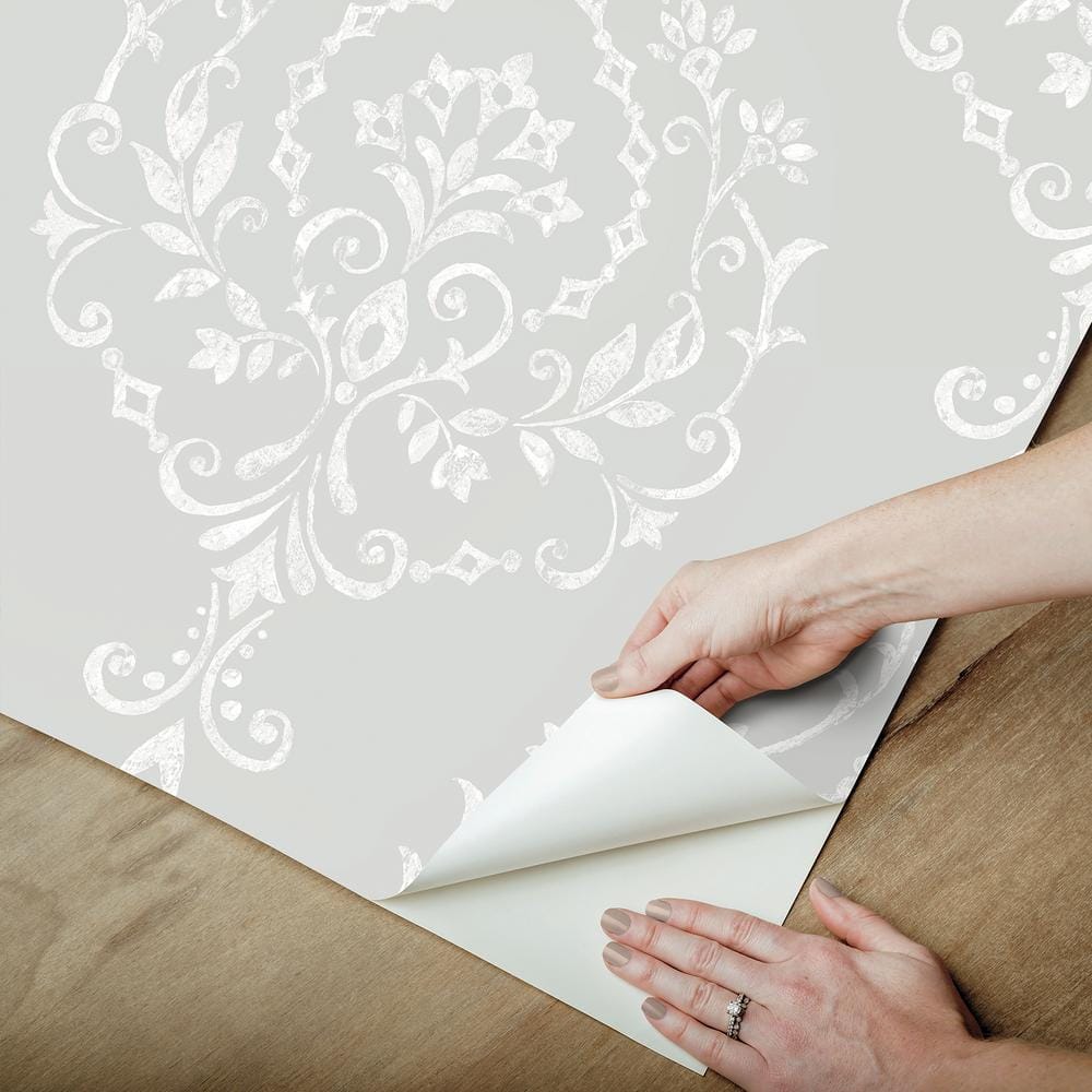 Grey Damask Self-Adhesive Repositionable Wallpaper Roll
