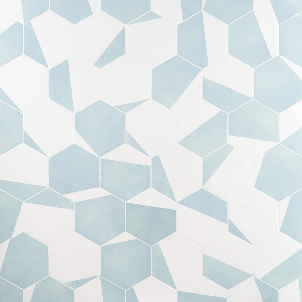 GeoHex Turquoise and White 8" Matte Porcelain Hexagon Tile
