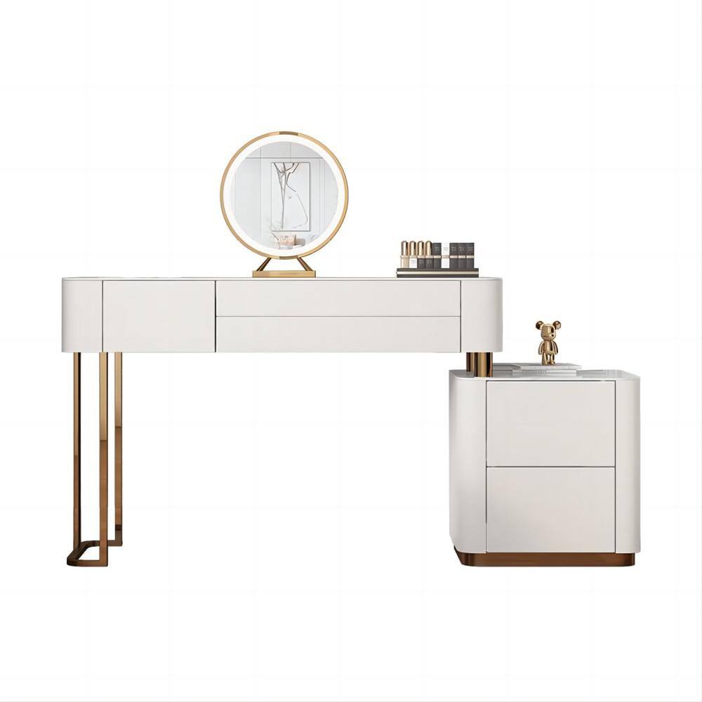Beige 2-Drawers 55 in. Dresser with Mirror, Right Side Cabinet and Chair