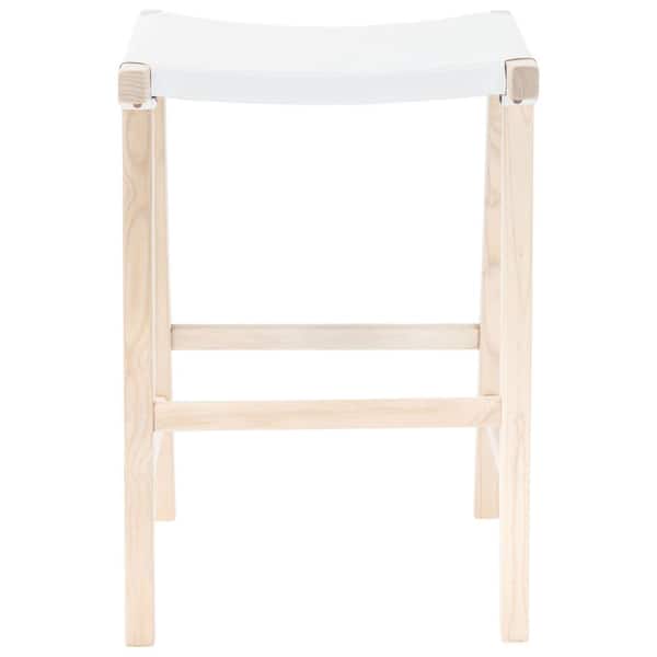 SAFAVIEH Aariz 26.77 in. White/Natural Backless Wood Frame Counter Stool