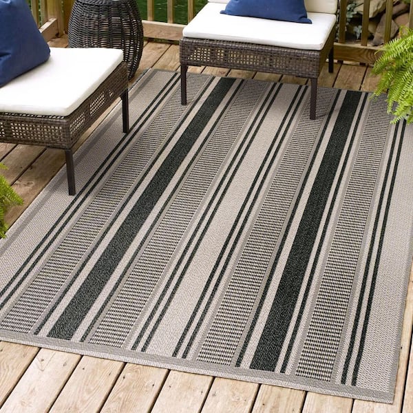 Haynes Modern Double Stripe Black/Beige 5 ft. x 8 ft. Indoor/Outdoor Area Rug