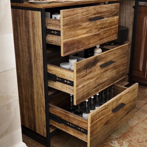 Cabinet Depot FUFU&GAGA Pantry Mesh For Sideboard 3-Drawers, with Brown 39.4 Home Wood Metal KF210210-01 The Dining Room Buffet Doors, Kitchen - W in. Shelves