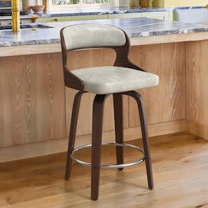 Edwards 26 in.Modern Cream Gray Faux Leather Swivel Bar Stool with Solid Walnut Wood Frame Bentwood Counter Stool