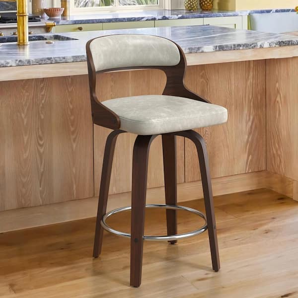 cozyman Edwards 26 in.Modern Cream Gray Faux Leather Swivel Bar Stool with Solid Walnut Wood Frame Bentwood Counter Stool