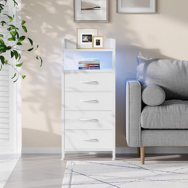 FlexCore White 4-Drawer 15.6 in. W Modern Nightstand with Charging Station and LED Light Strip