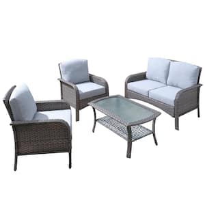Denali Gray 4-Piece 4-Seat Wicker Modern Outdoor Patio Conversation Sofa Seating Set with Light Gray Cushions