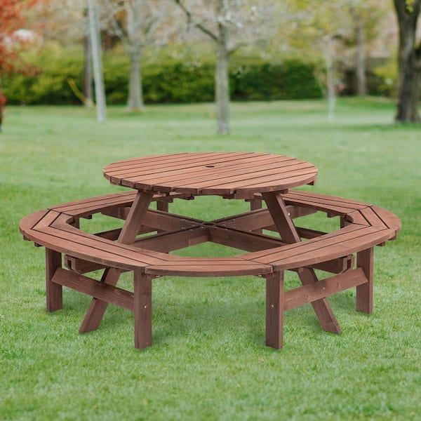 Tenleaf 70.4 in. Walnut Brown Round Wood Picnic Tables 10-12 People with Umbrella Hole