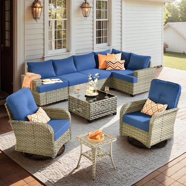 HOOOWOOO Kelleys 9-PC Wicker Modern Outdoor Patio Conversation Sofa Set with Swivel Chairs, a LED Table and Navy-Blue Cushions