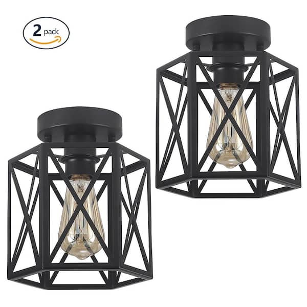 Farmhouse 7.87 in. 1-Light Matte Black Industrial Semi-Flush Mount Ceiling Light With Metal Cage Shade(2-Pack)