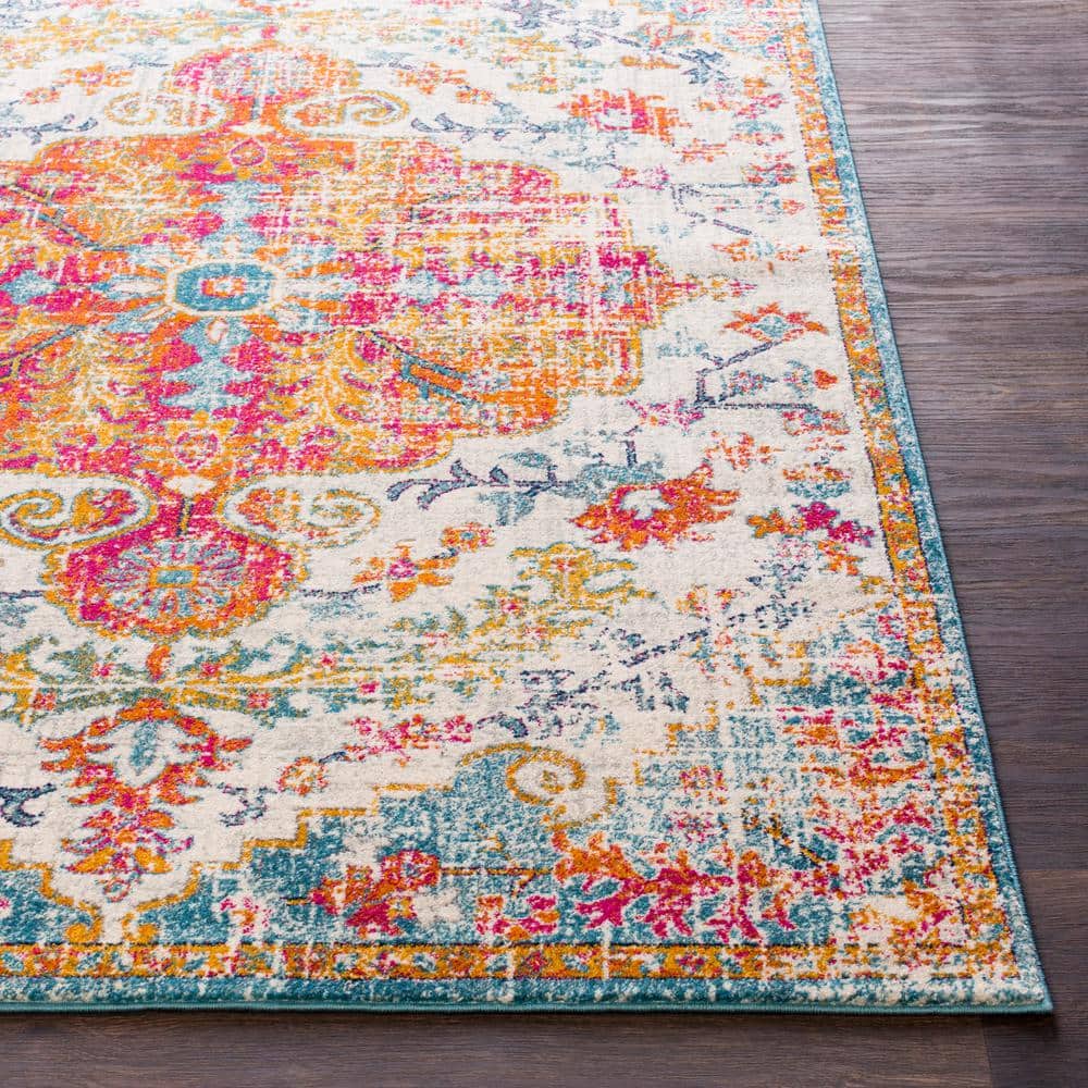 Odelia Orange and Aqua Vintage Medallion Area Rug 7'10" x 10'2"