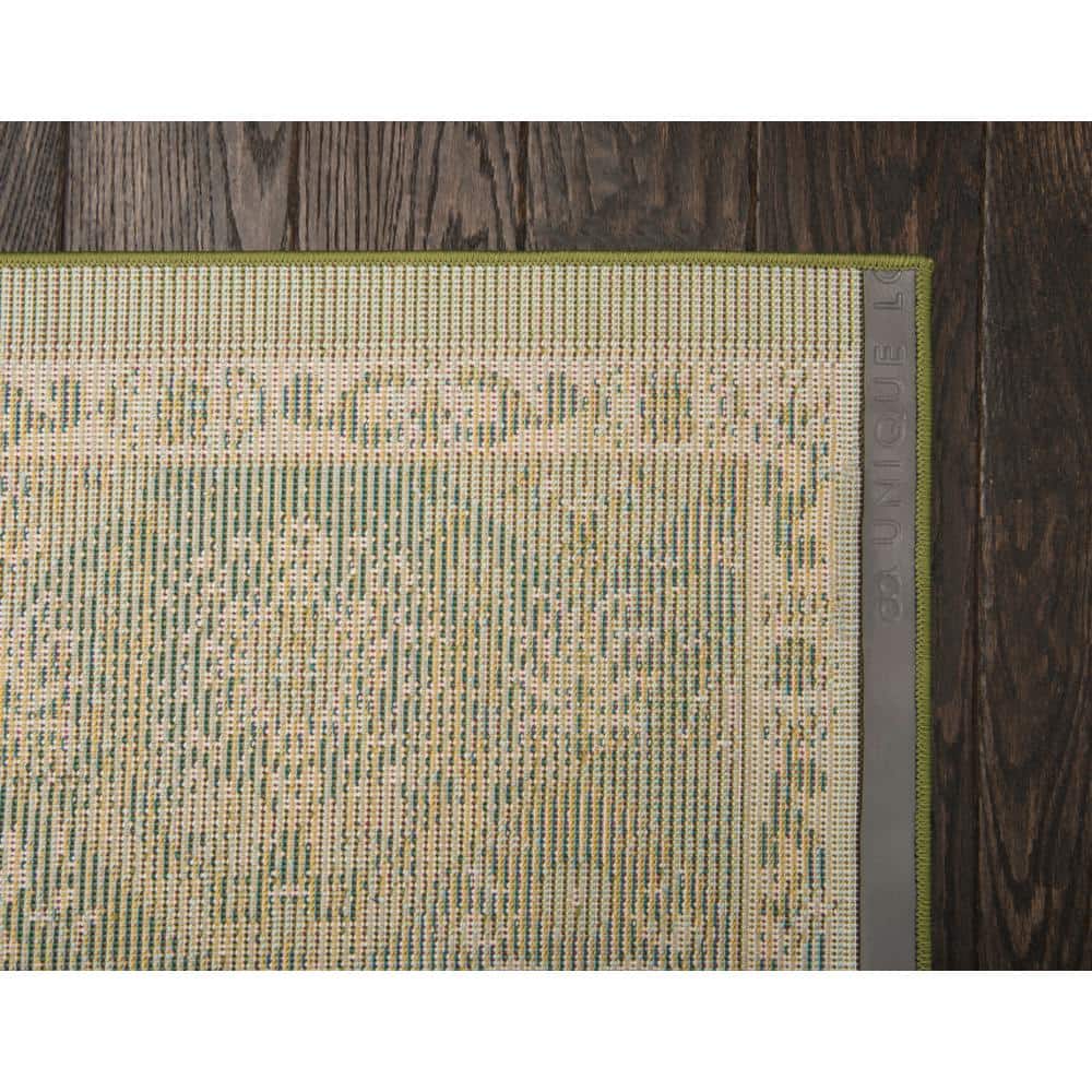 Green and Beige Synthetic Runner Rug with Traditional Design