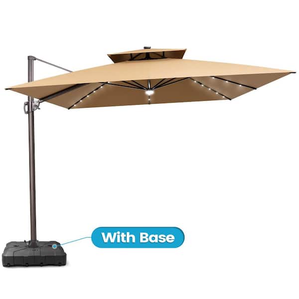 Crestlive Products 11 ft. x 11 ft. LED Square Swivel Double Top Cantilever Tilt Patio Umbrella in Tan with 260 lbs. HDPE Base